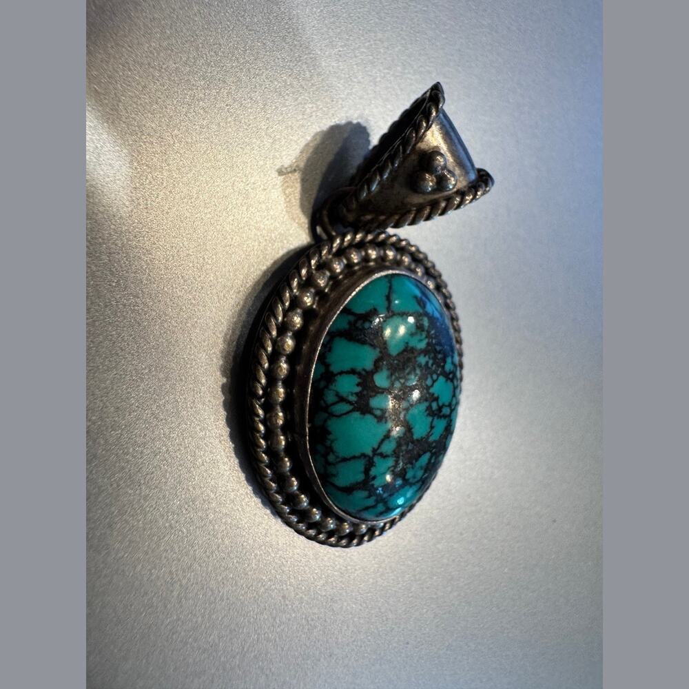 Etta Endito Navajo Sterling Silver Spiderweb Turquoise Pendant Signed Hallmark